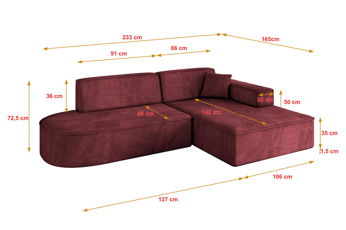 ECKSOFA Ottomane Rechts IREA-L1-v4 - 233x165x72,5 cm Bordeauxrot - Bordeaux, Holzwerkstoff/Textil (233/165cm) - ALTDECOR
