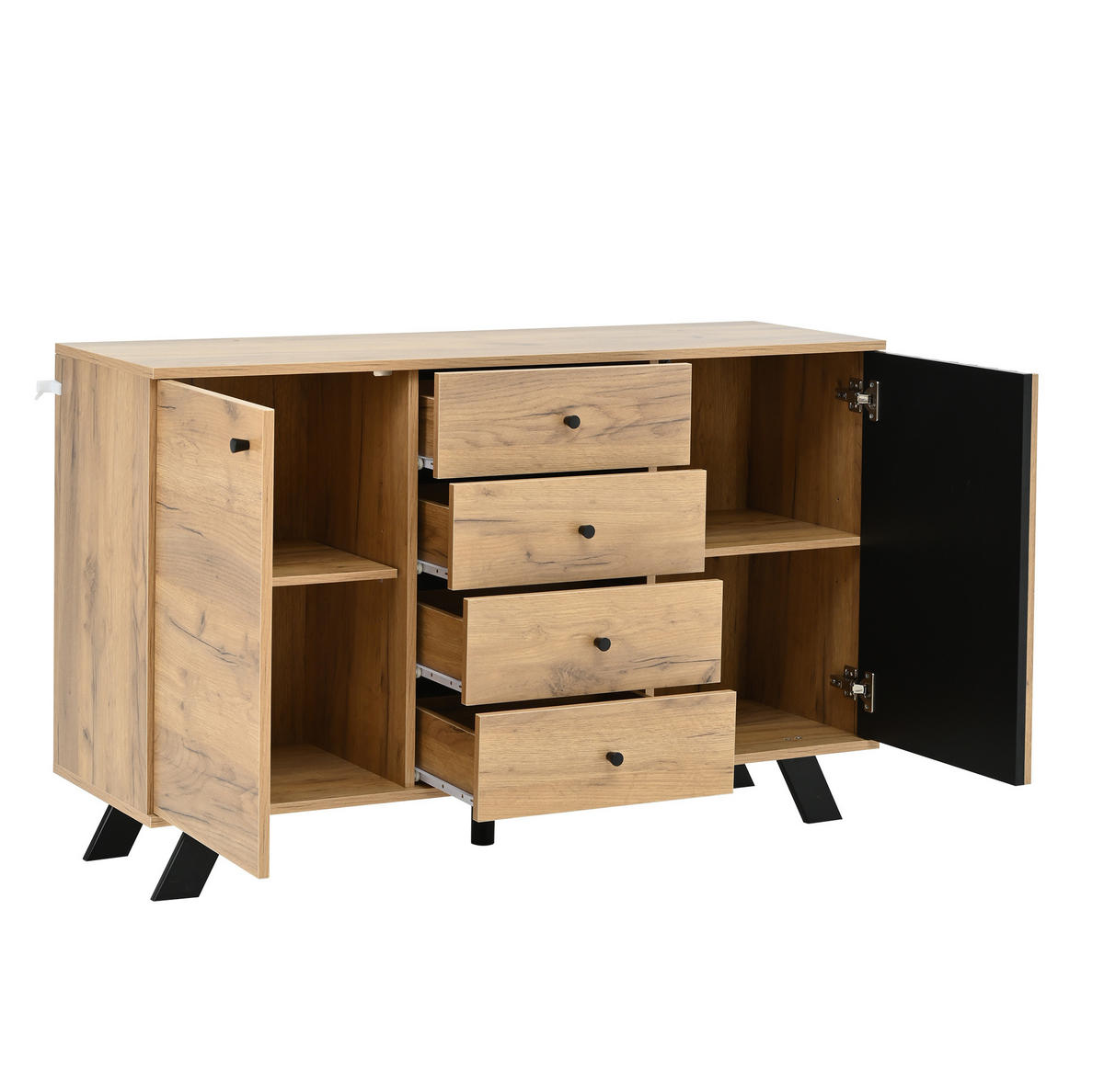 KOMODA 120/38/75 cm crna i prirodna od MDF-a s 4 ladice i 2 ormarića - crna, drvni materijal (120/75/38cm) - OKWISH