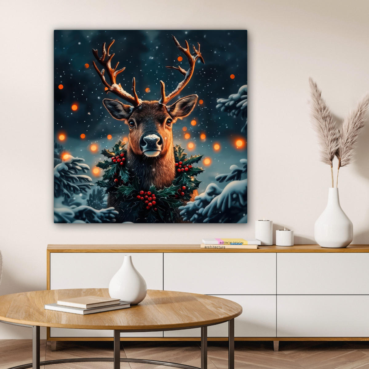 LEINWANDBILD Hirsch - Weihnachten - Winter - Schnee - Weihnachtskranz 90x90 cm - Dunkelbraun, Textil (90/90cm) - MuchoWow