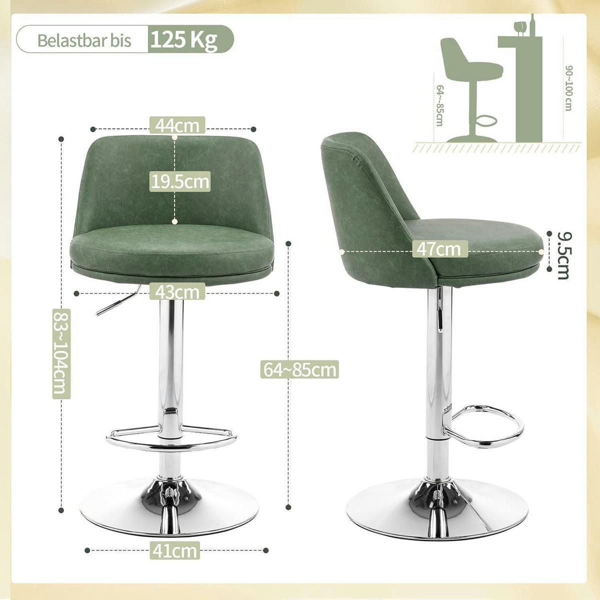 BARHOCKER 2er Set PU-Leder Dunkelgrün Höhenverstellbar - Grün, Kunststoff (48/85/45cm)