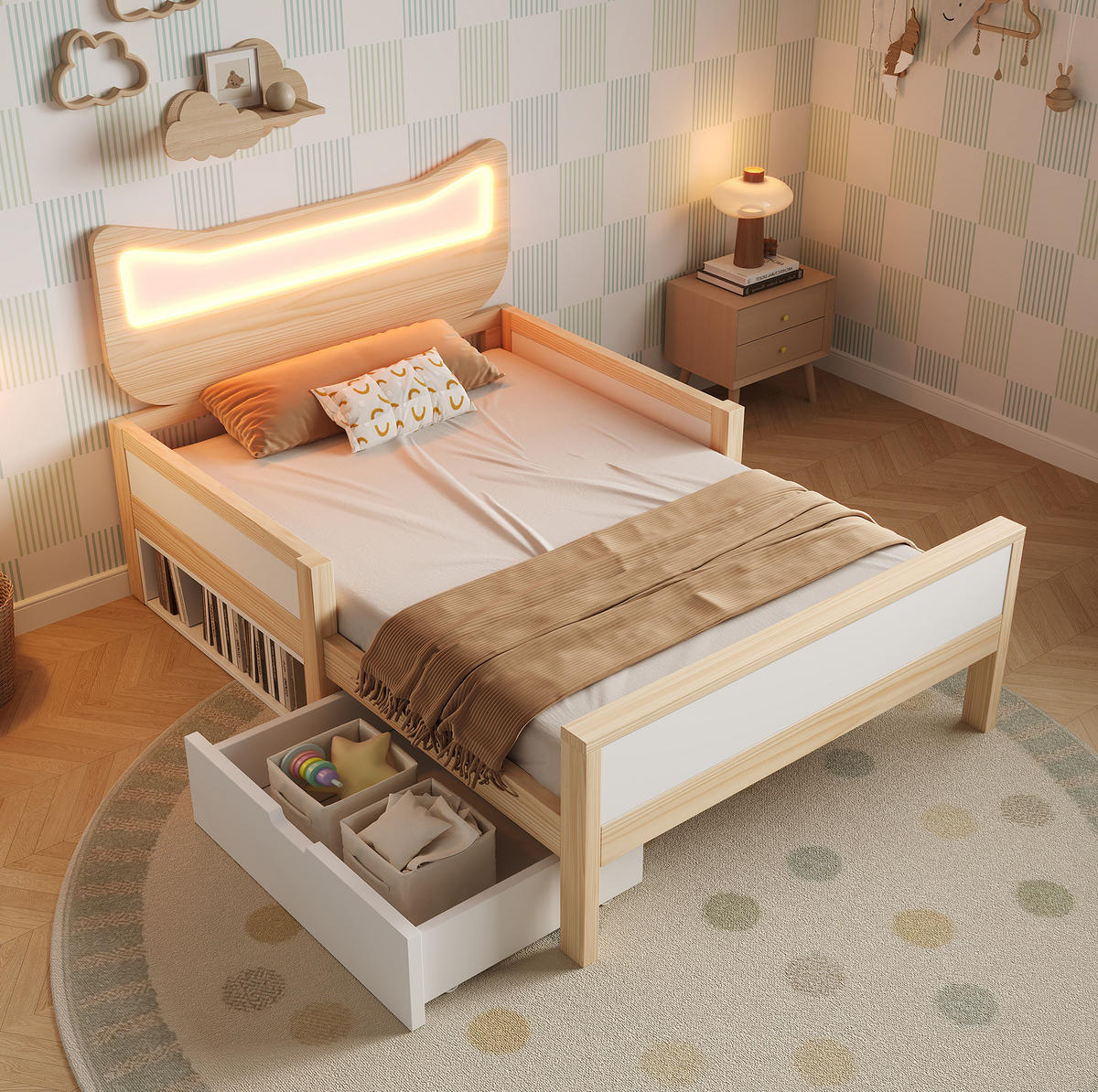 KINDERBETT 90/200 cm Weiß/Eiche mit RGB-LED, Schutzgitter, Lattenrost und Schublade mit Staufach - Naturfarben, Holz (90/200cm) - OKMYHOME