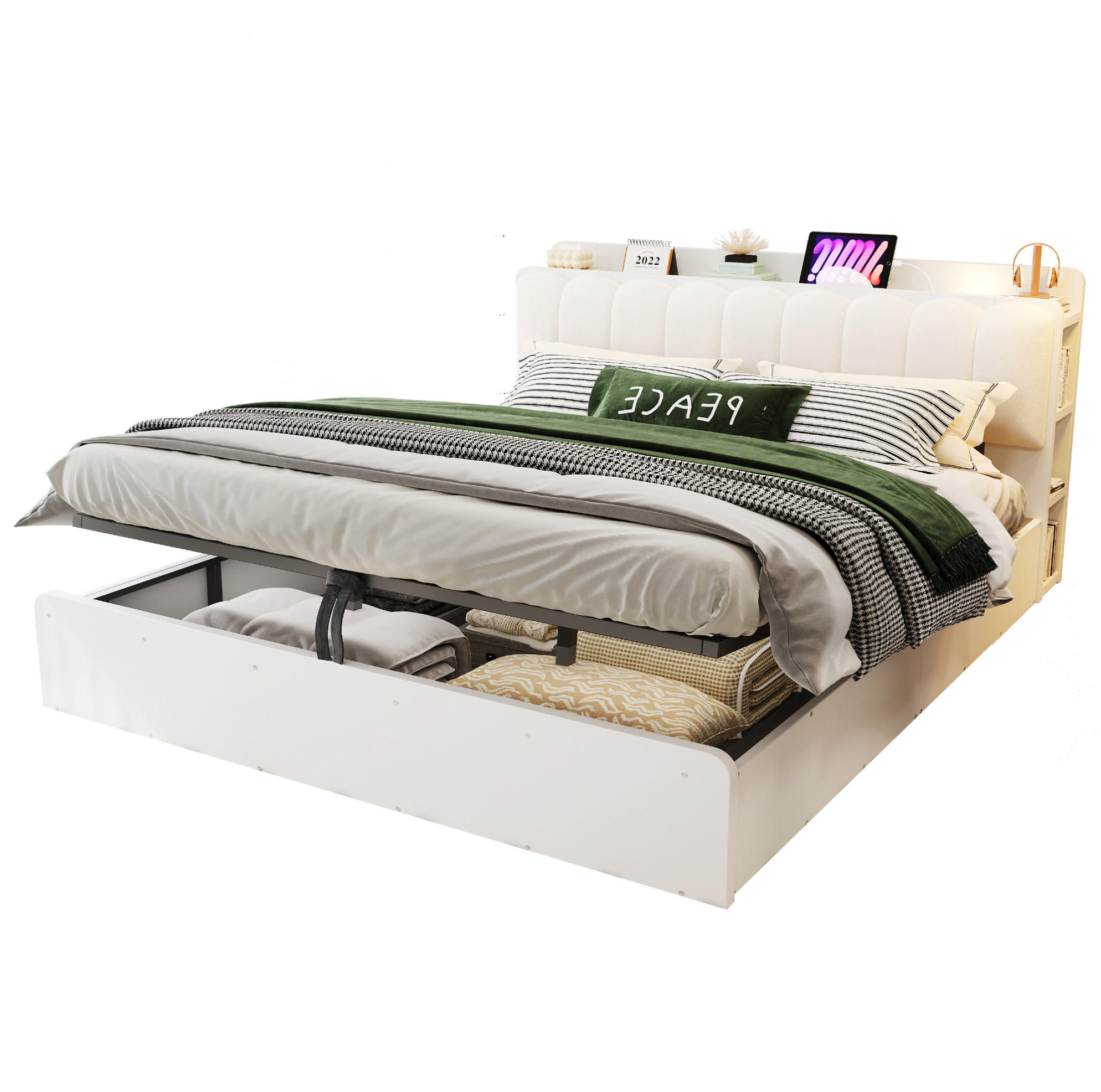 HOLZBETT 180/200 cm Weiß mit Hydraulik, USB und Stauraum - Weiß, Holz (180/200cm) - MIVRAY