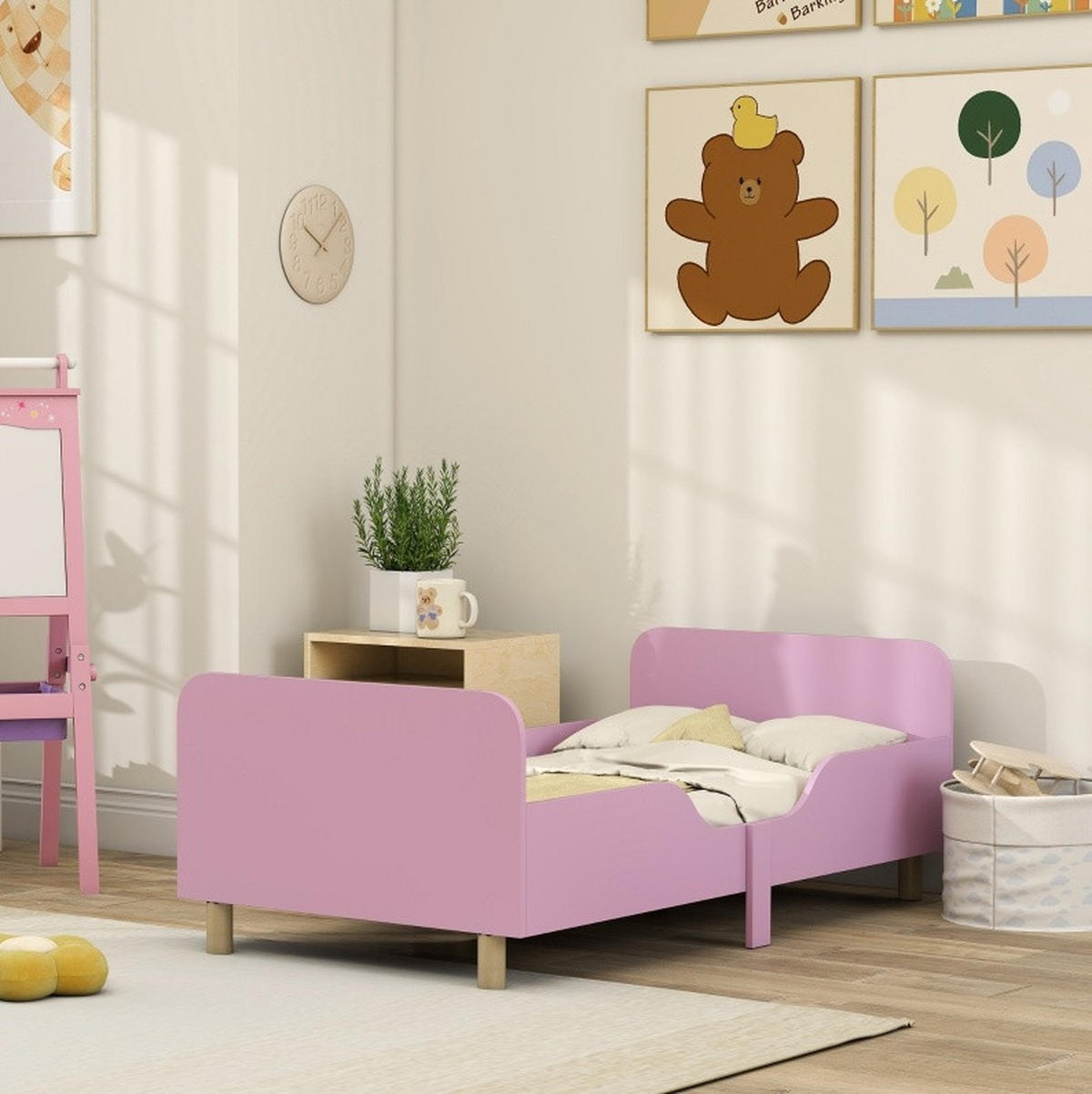 KINDERBETT 143,5/74,2/50 cm aus MDF und Kiefernholz mit Rausfallschutz Rosa - Pink, Holz (70/140cm) - Modenvie