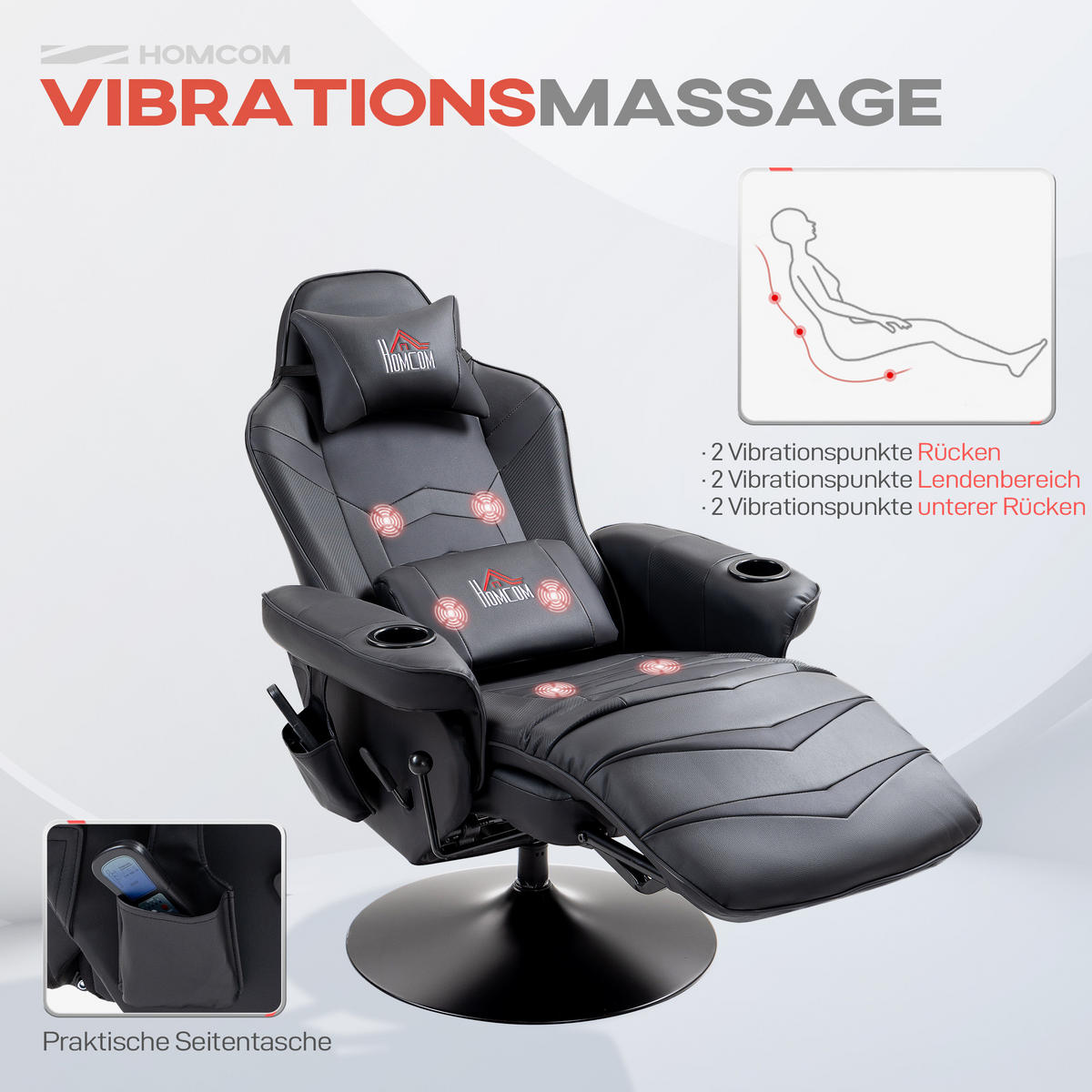RELAXSESSEL mit Massagefunktion, Kissen, Kunstleder, Schwarz - Schwarz, Leder (82.5/111.5/79.5cm) - HOMCOM