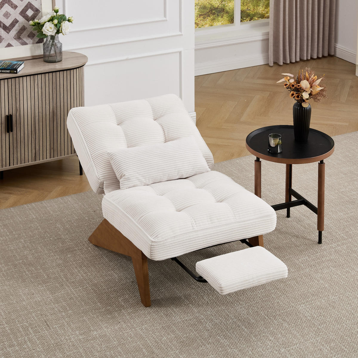 SCHAUKELSTUHL Beige Cord mit Fußstütze, Lendenkissen und Holzbeinen - Beige, Textil (73/90/127cm) - Oxeza