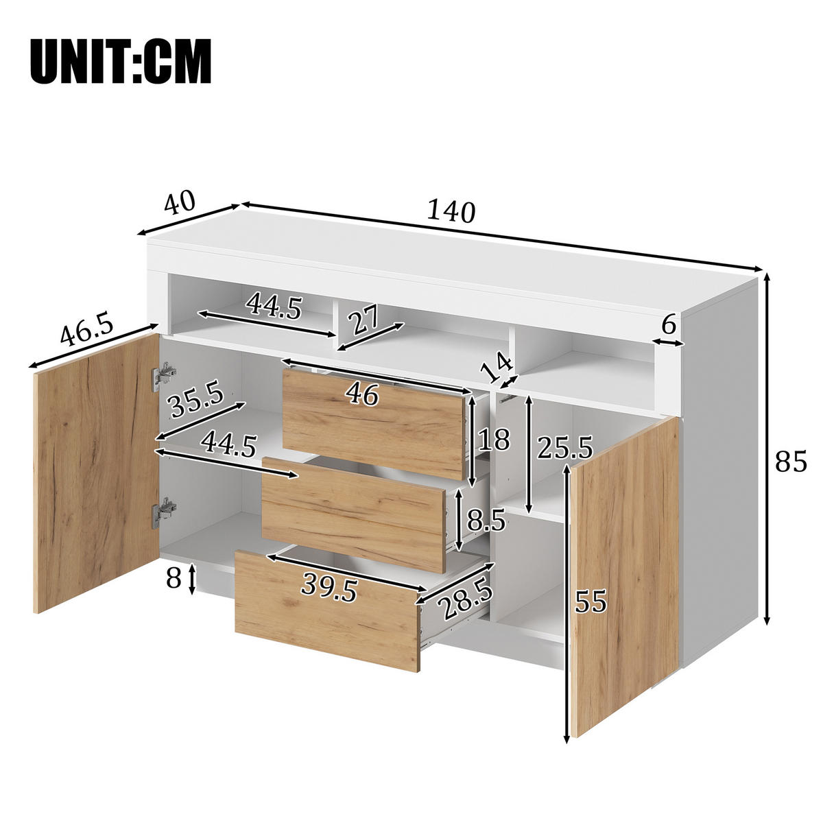 SIDEBOARD Natur Weiß 3 Schubladen 2 Türen 140x40x85cm - Multicolor, Holzwerkstoff (40/85/140cm) - FLIEKS