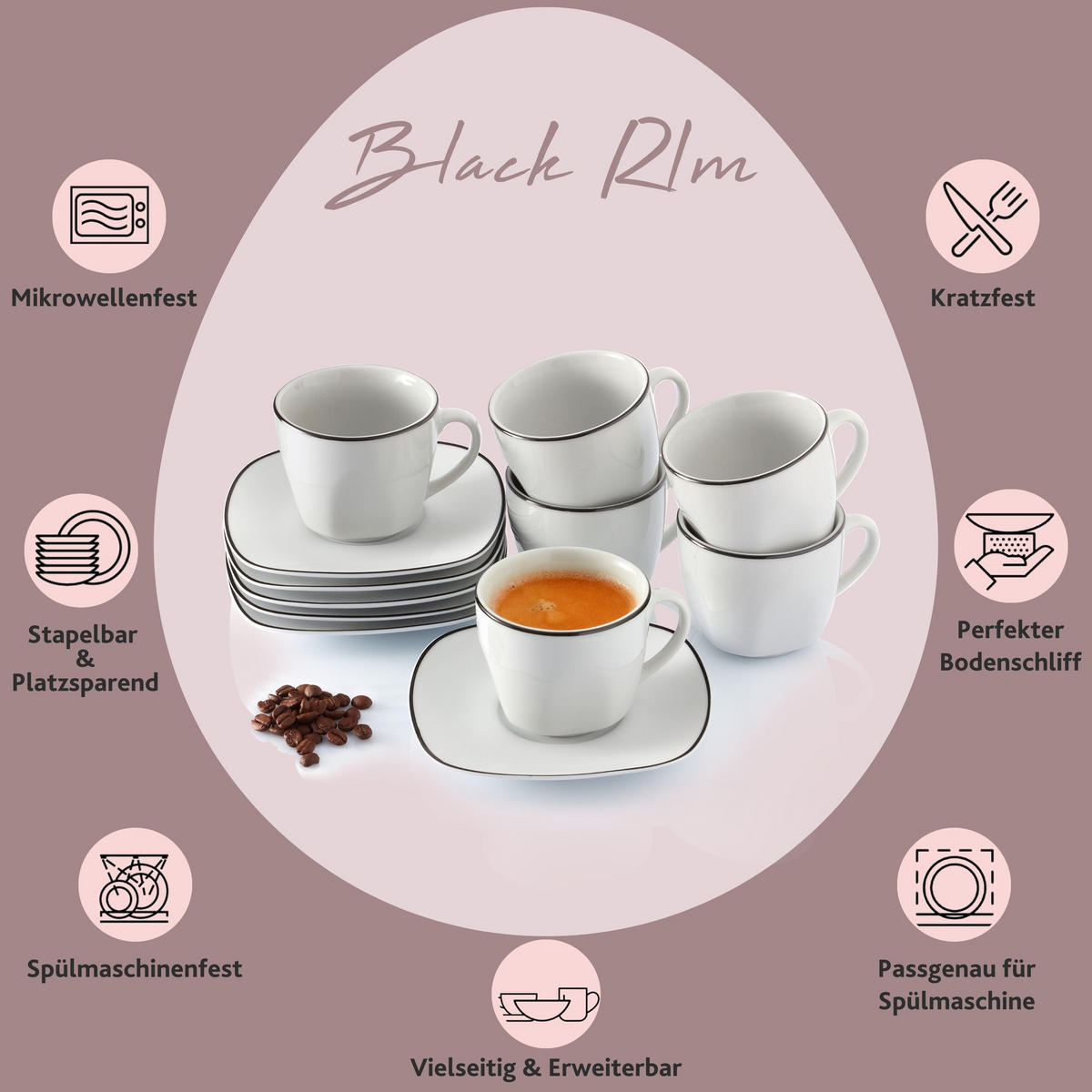 KAFFEETASSEN SET BILGOLA BLACK RIM - 12 tlg aus Porzellan - Weiß, Keramik (44/12.5/22cm) - Sänger