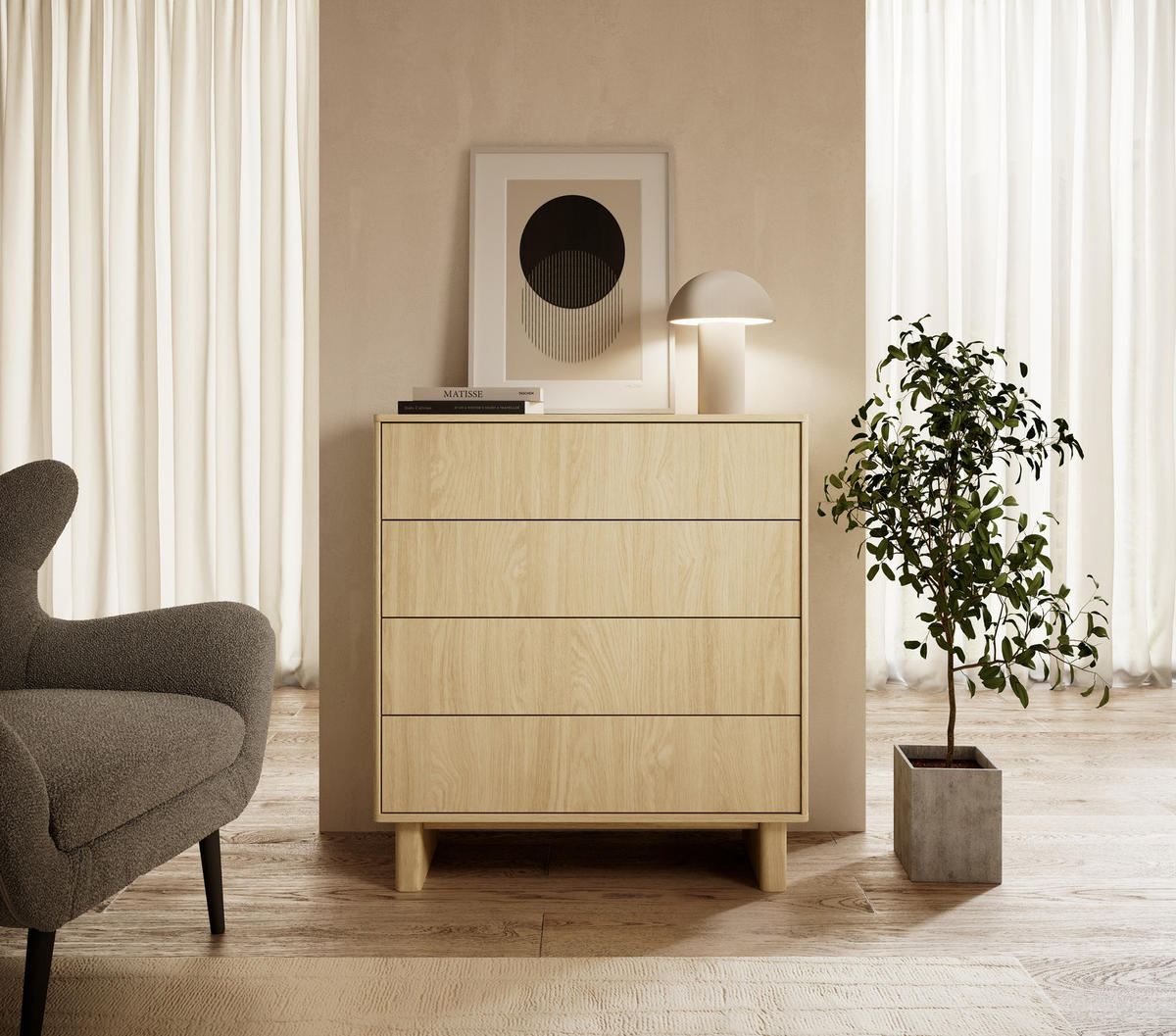 KOMMODE VIRONE (Geölte Eiche, 4 Schubladen, Vollauszug, Push-to-Open) - Eichefarben, Holz/Holzwerkstoff (93/103/38cm) - Ravio