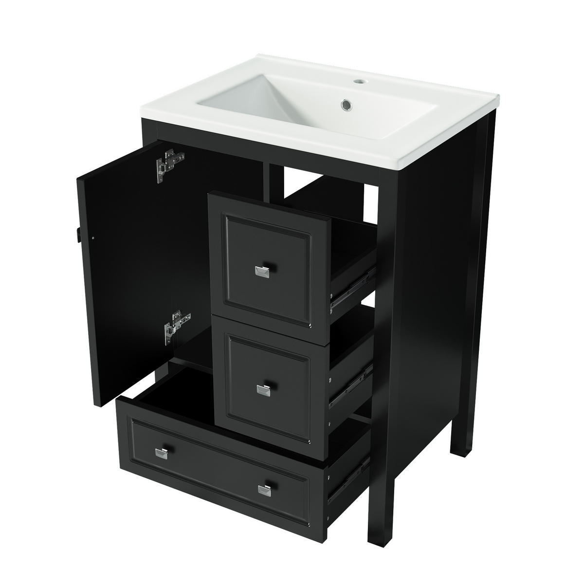 WASCHTISCH Freistehend mit Keramikbecken & 3 Schubladen 62cm - Schwarz, Holzwerkstoff (62/90/47cm) - Urban Meuble