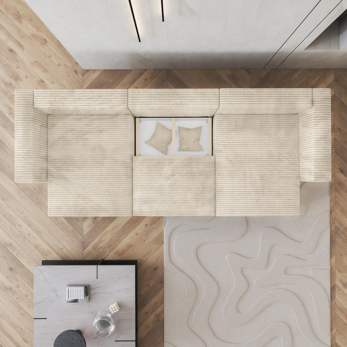 WOHNLANDSCHAFT SARMO Creme Kordstoff mit Schlaffunktion - Creme, Holz (347/90/148cm) - MASSENO