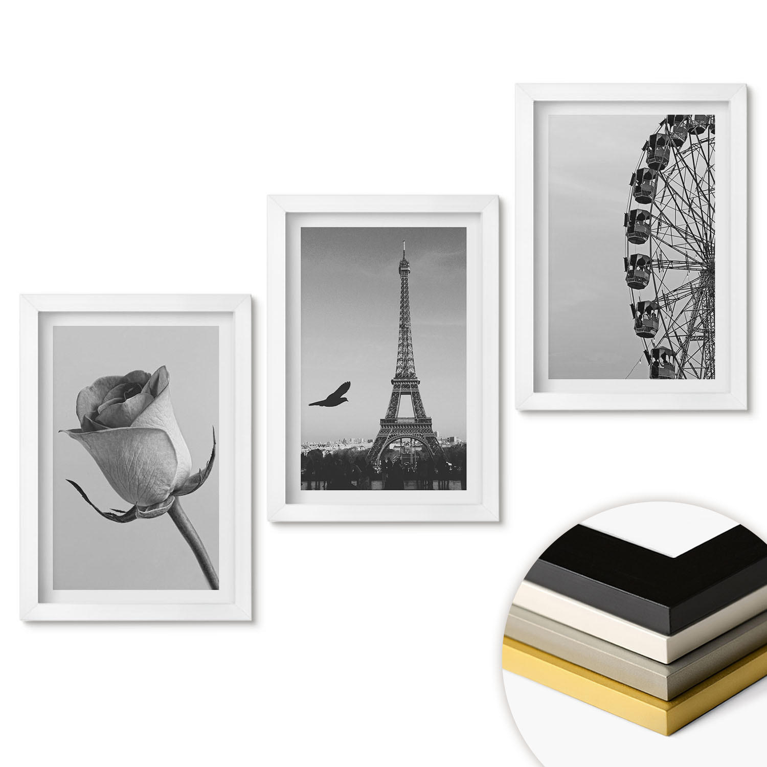 WANDBILDER 3er-Set - 20x30 cm Weißer Rahmen - Rose Eiffelturm Riesenrad - Weiß, Kunststoff (20/30cm) - ArtPrintCave