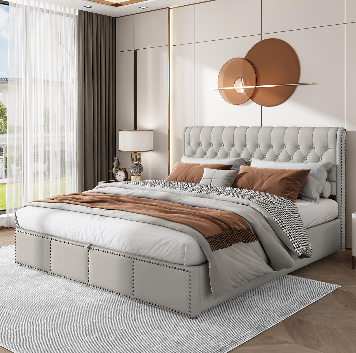 POLSTERBETT 180/200 cm Grau aus Baumwolle-Leinen mit Bettkasten - Grau, Textil (180/200cm) - OKMYHOME