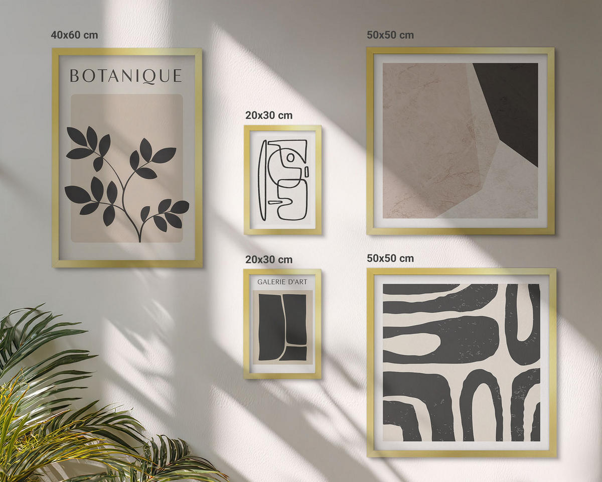 BILDER SET 5er Set - 50x50 cm & 20x30 cm & 40x60 cm Goldrahmen - Abstrakte Boho-Musterformen - Goldfarben, Kunststoff (40/60cm) - TULUP
