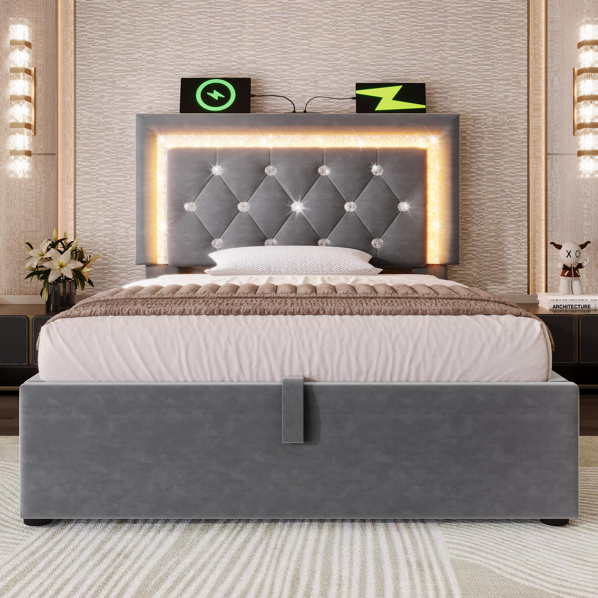 POLSTERBETT 90/200 cm Grau aus Samt mit LED-Beleuchtung und Bettkasten - Grau, Textil (90/200cm) - OKWISH