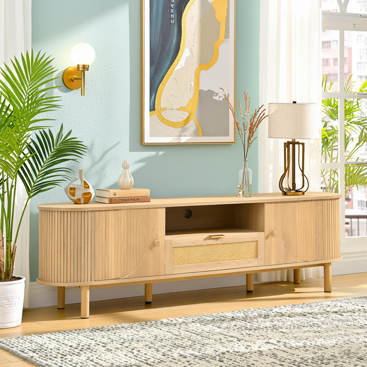 TV-SCHRANK 175 cm Natur Holzoptik mit Rattan-Schublade, Runddesign & offenen Fächern - Naturfarben, Holzwerkstoff (175/51/36cm) - Urban Meuble
