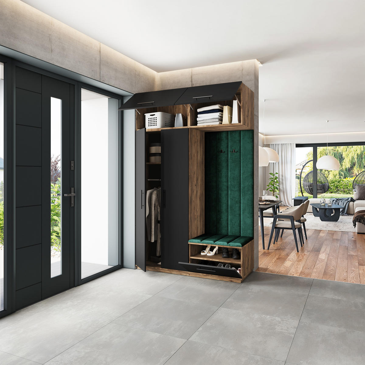 GARDEROBENSCHRANK REMA 150/240/60 cm Modern Garderobe-Set Eiche Lefkas - Eichefarben/Schwarz, Holzwerkstoff (150/240/60cm) - MASSENO