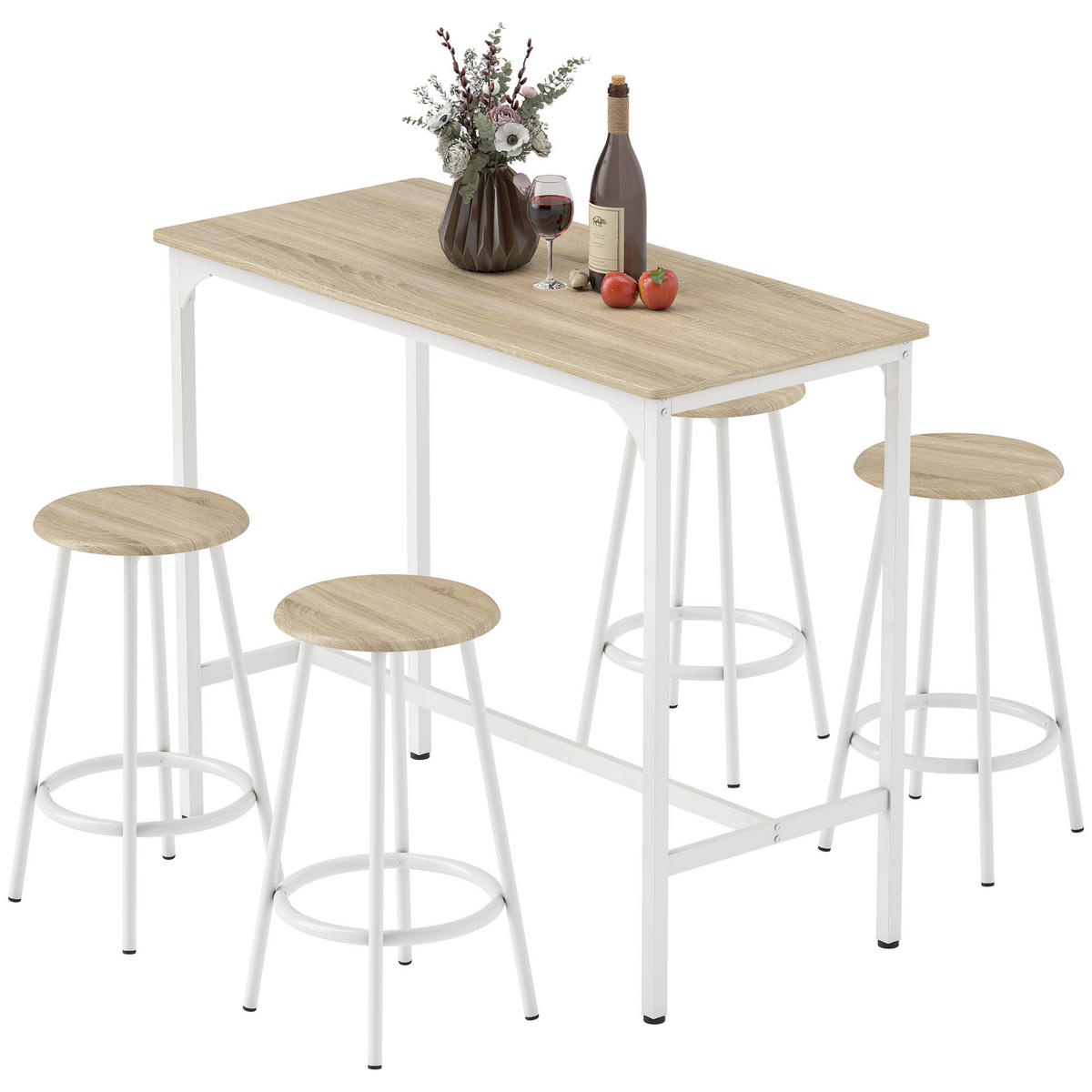 BARTISCH-SET DE-14809 4 Hocker mit Fußstütze Holzoptik/Weiß - Braun, Metall (110/50/89.5cm) - ComfortXL