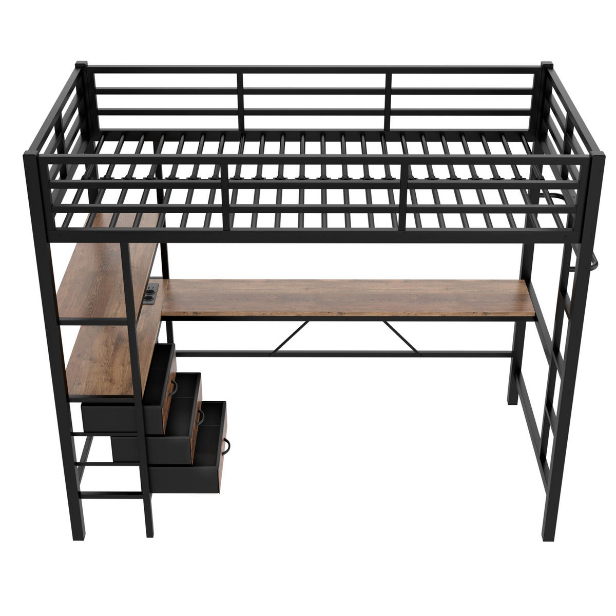 HOCHBETT 90/200 cm mit LED-Beleuchtung, Schreibtisch, USB, Steckdose, 3 Schubladen und Regal, Schwarz - Schwarz, Metall (90/200cm) - Redom