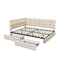 POLSTERBETT 140x190 cm Tagesbett mit 2 Schubladen, LED & USB, Doppelbett mit L-förmigem Kopfteil, Beige - Beige, Metall (140/190cm) - EuroLiving