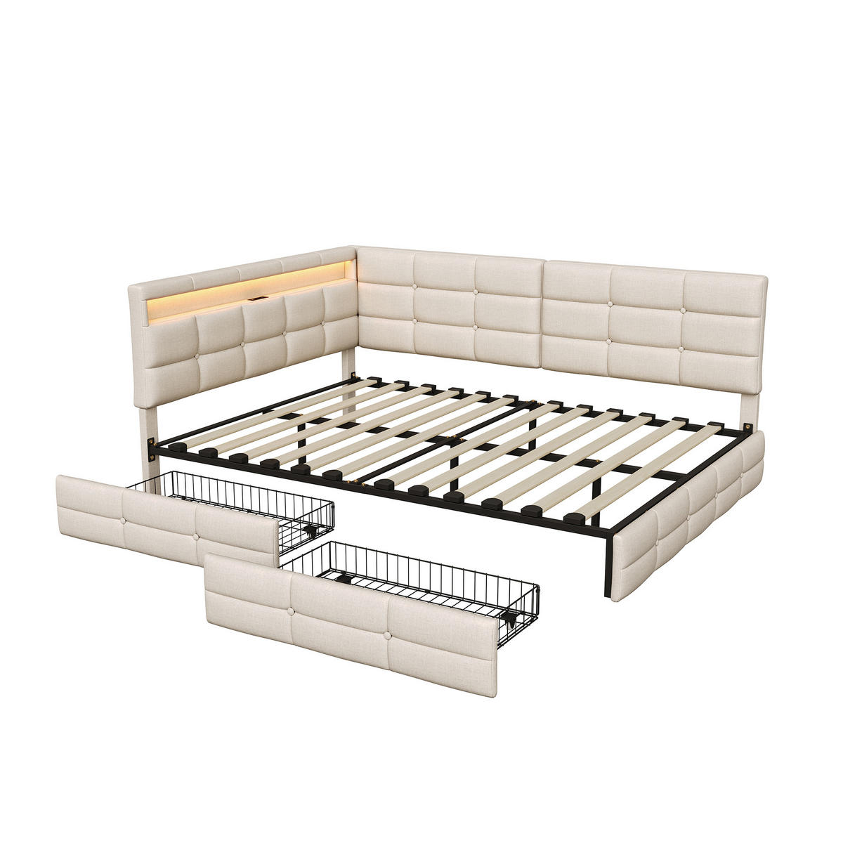 POLSTERBETT 140x190 cm Tagesbett mit 2 Schubladen, LED & USB, Doppelbett mit L-förmigem Kopfteil, Beige - Beige, Metall (140/190cm) - EuroLiving