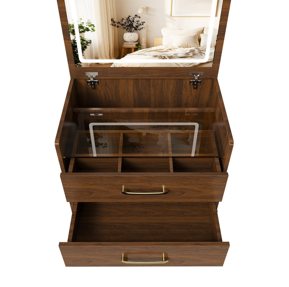 SCHMINKTISCH 60/40/118 cm in Walnuss mit Klappspiegel und Hocker - Weiß, Holzwerkstoff (40/118/60cm) - Flora Grace