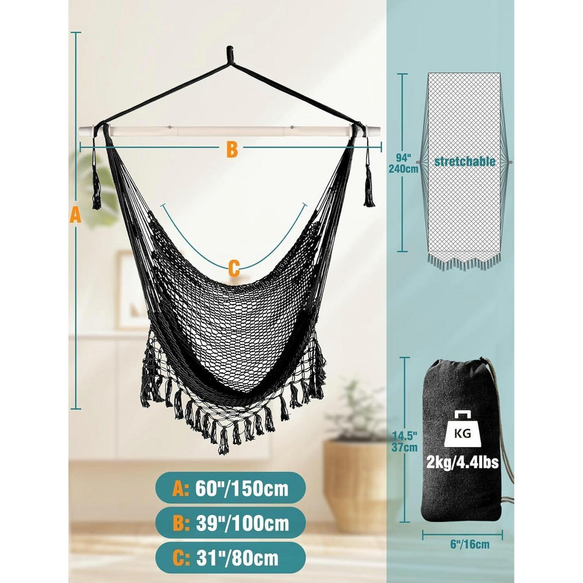 HÄNGESESSEL Baumwolle handgewebt mit Spreizstange 100 cm Schwarz - Schwarz, Textil (80/1.5/240cm)