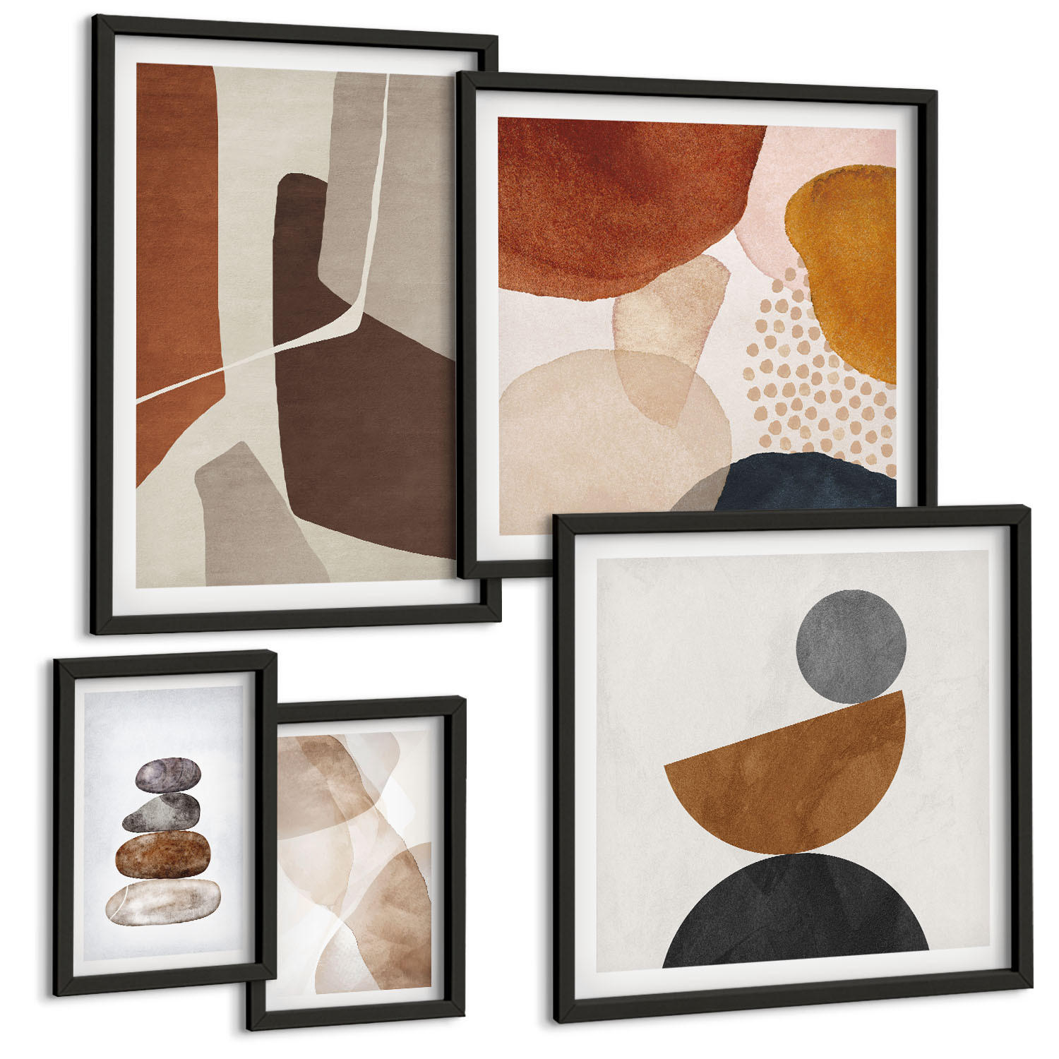 BILDER SET 5er Set - 50x50 cm & 20x30 cm & 40x60 cm Schwarzer Rahmen - Abstrakte Malerei Dekorationen - Schwarz, Kunststoff (40/60cm) - TULUP