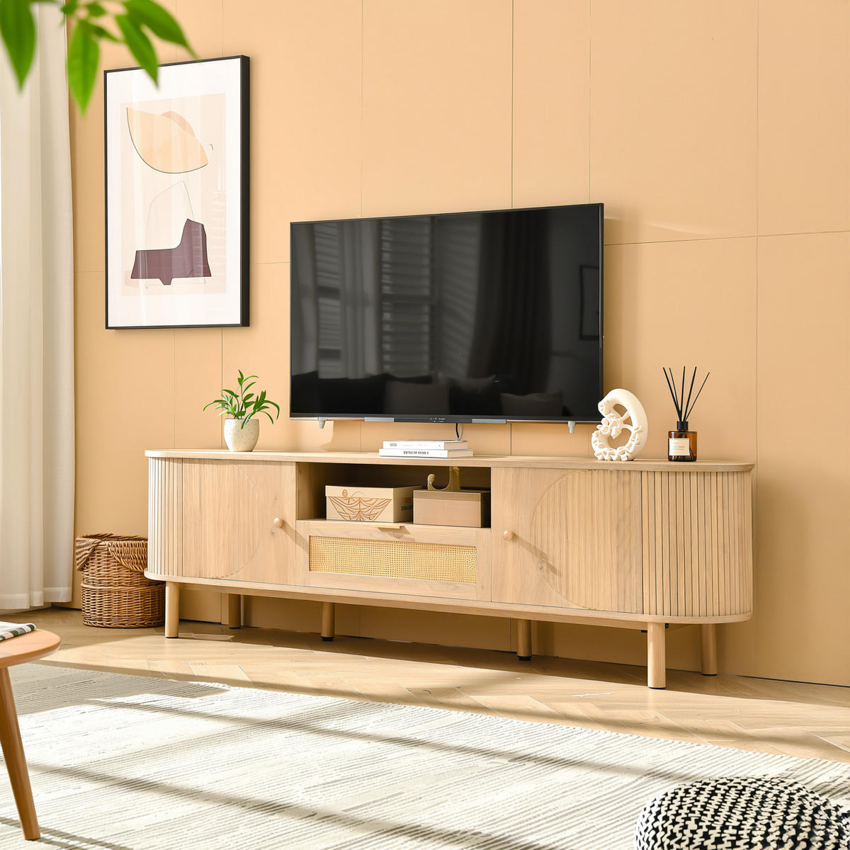 TV-SCHRANK 175 cm Natur Holzoptik mit Rattan-Schublade, Runddesign & offenen Fächern - Naturfarben, Holzwerkstoff (175/51/36cm) - Urban Meuble