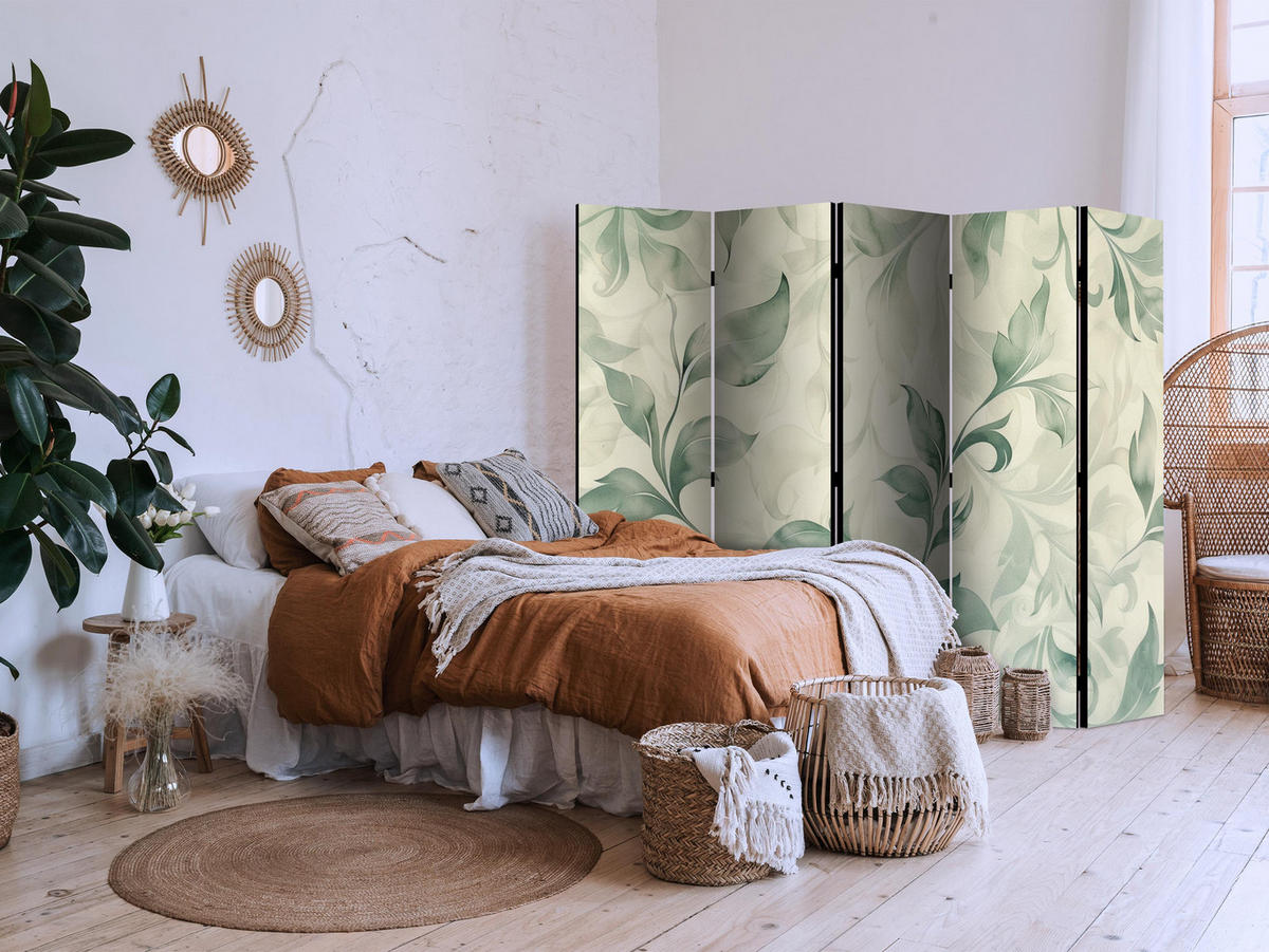 PARAVÁN Akustický 5-dielny 225x172 cm Zelené Listy - krémová, drevo/textil (225/172/3cm) - Muralo
