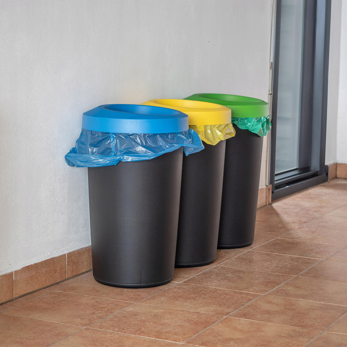ABFALLBEHÄLTER, 3x25L, rund, Schwarz - Blau/Gelb, Kunststoff (40/65cm) - KADAX