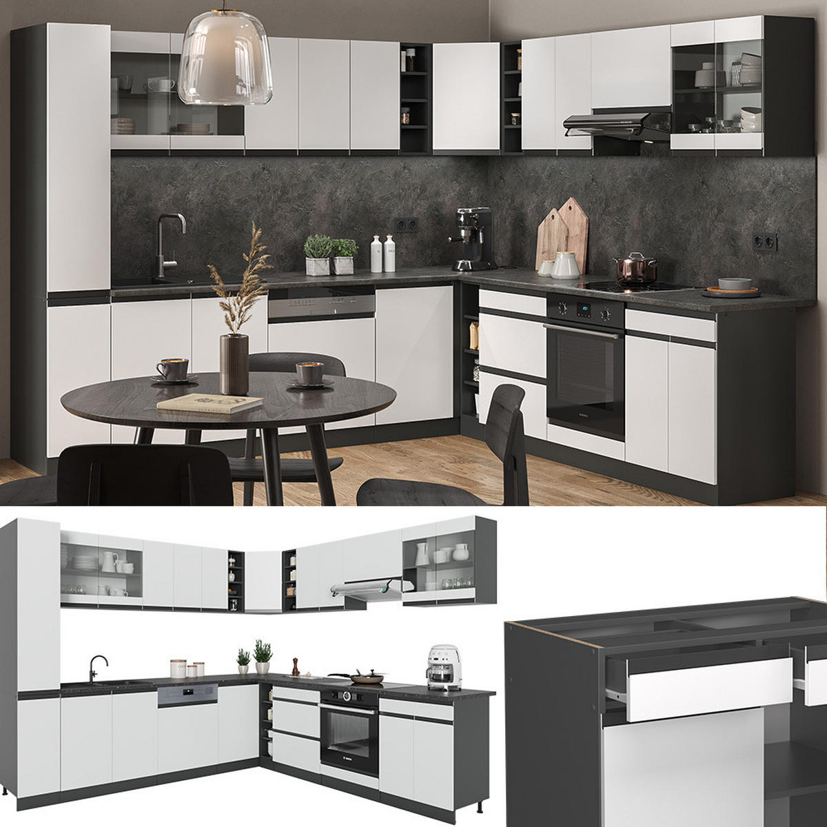 ECKKÜCHE R-Line Weiß/Anthrazit 257 x 277 cm J-Shape, AP Eiche - Anthrazit/Weiß, Holzwerkstoff (277/81.6/60cm) - Vicco