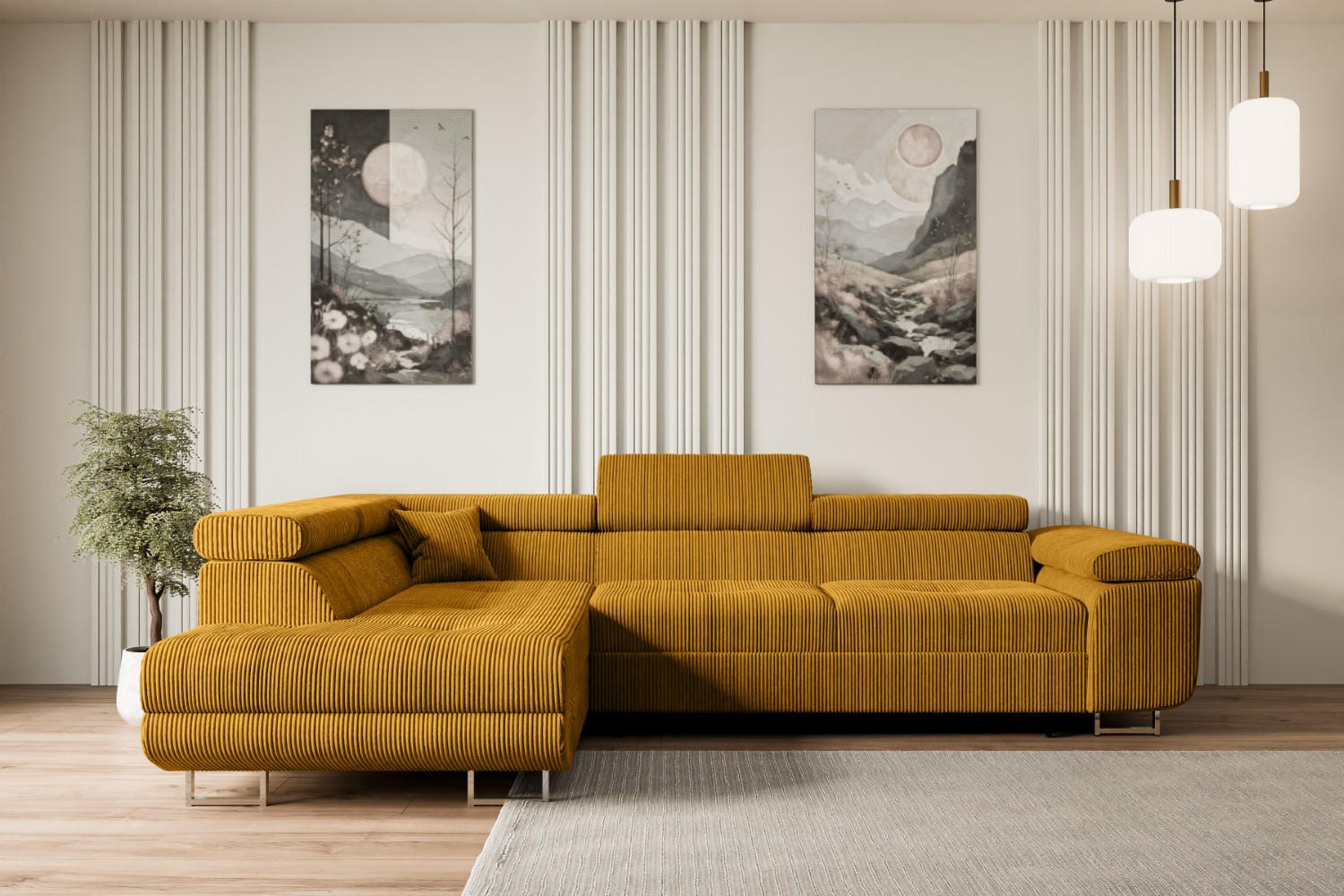 ECKSOFA mit Schlaffunktion und Bettkasten GUSA-L 272x202x107 cm Senfgelb Cord - Gelb/Silberfarben, Holzwerkstoff/Textil (202/272cm) - ALTDECOR