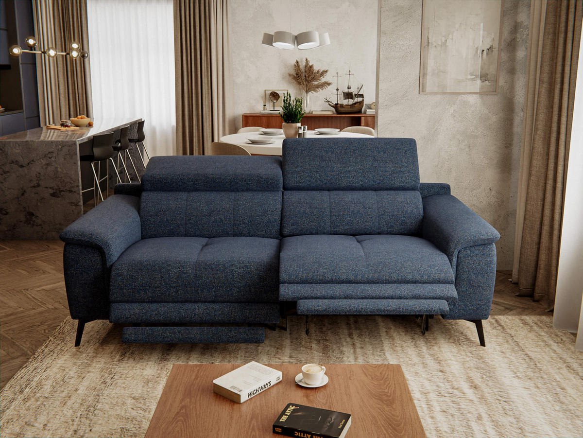 RELAXSOFA FIERO 3-Sitzer mit 2 Relaxfunktionen, dunkelblau - Schwarz/Dunkelblau, Holzwerkstoff/Textil (212/82/103cm) - Courtois Laville