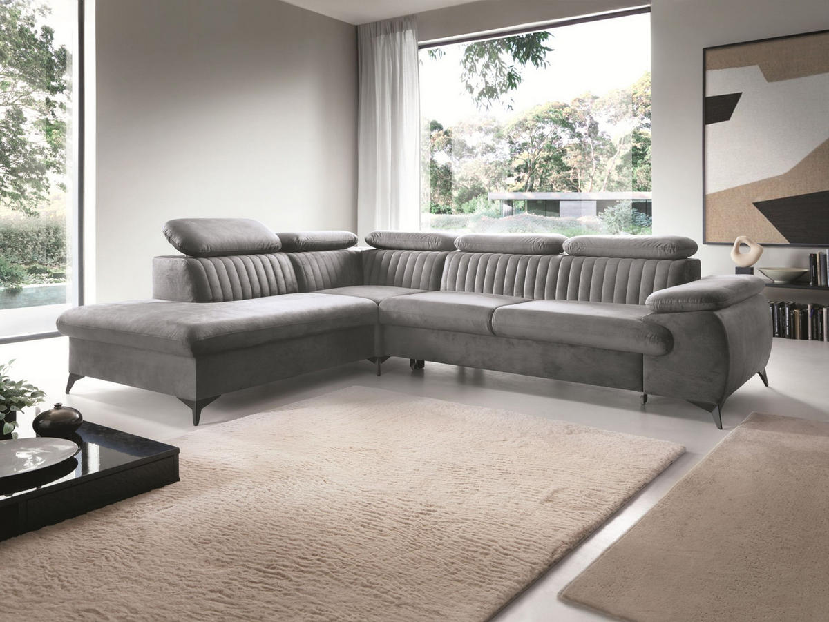 ECKSOFA FIORE Grau Velours-Stoff mit Schlaffunktion - Grau, Holz (275/221cm) - MASSENO