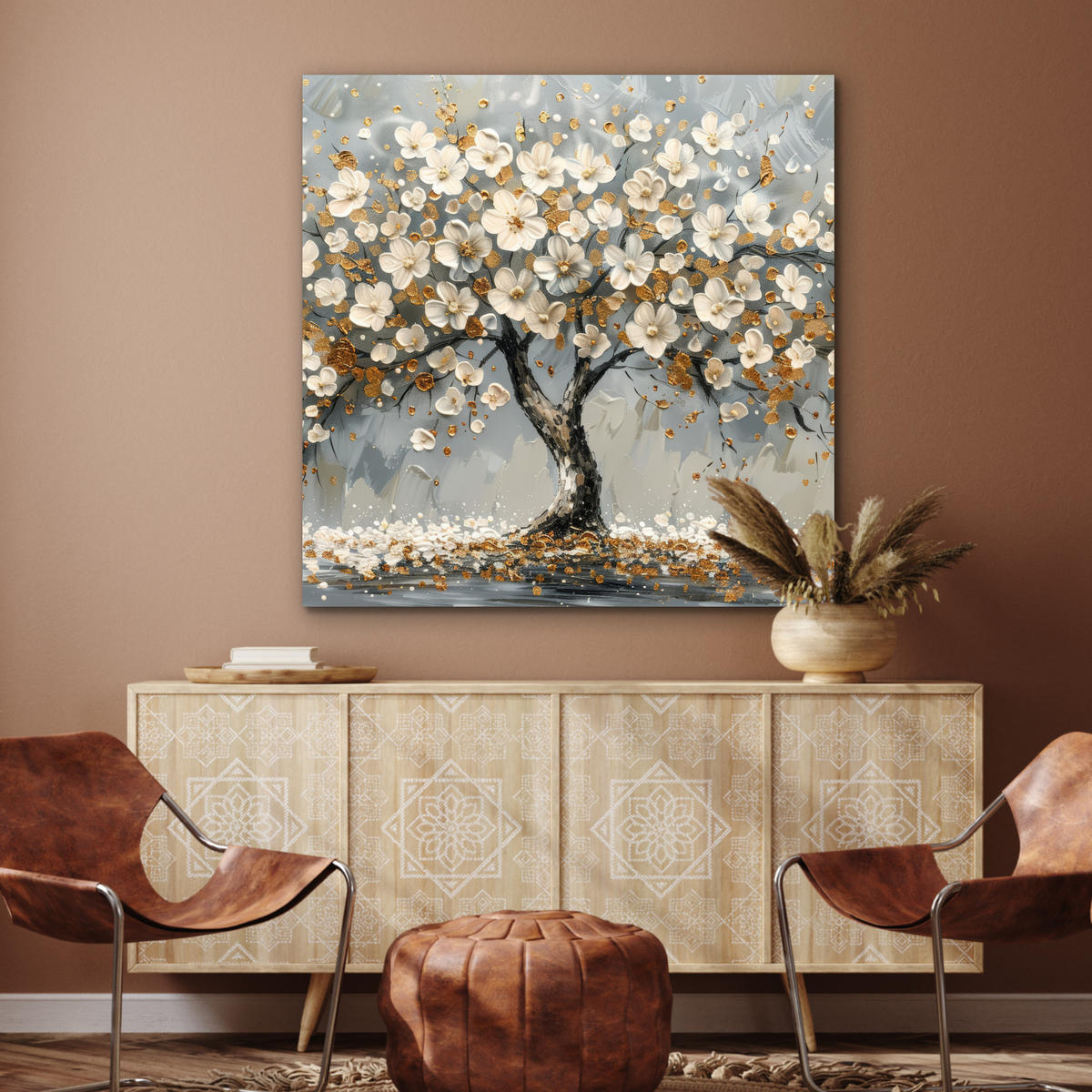 KOVOVÝ OBRAZ Strom - Kvety - Biela - Príroda - Umenie 90x90 cm - biela, kov (90/90cm) - MuchoWow