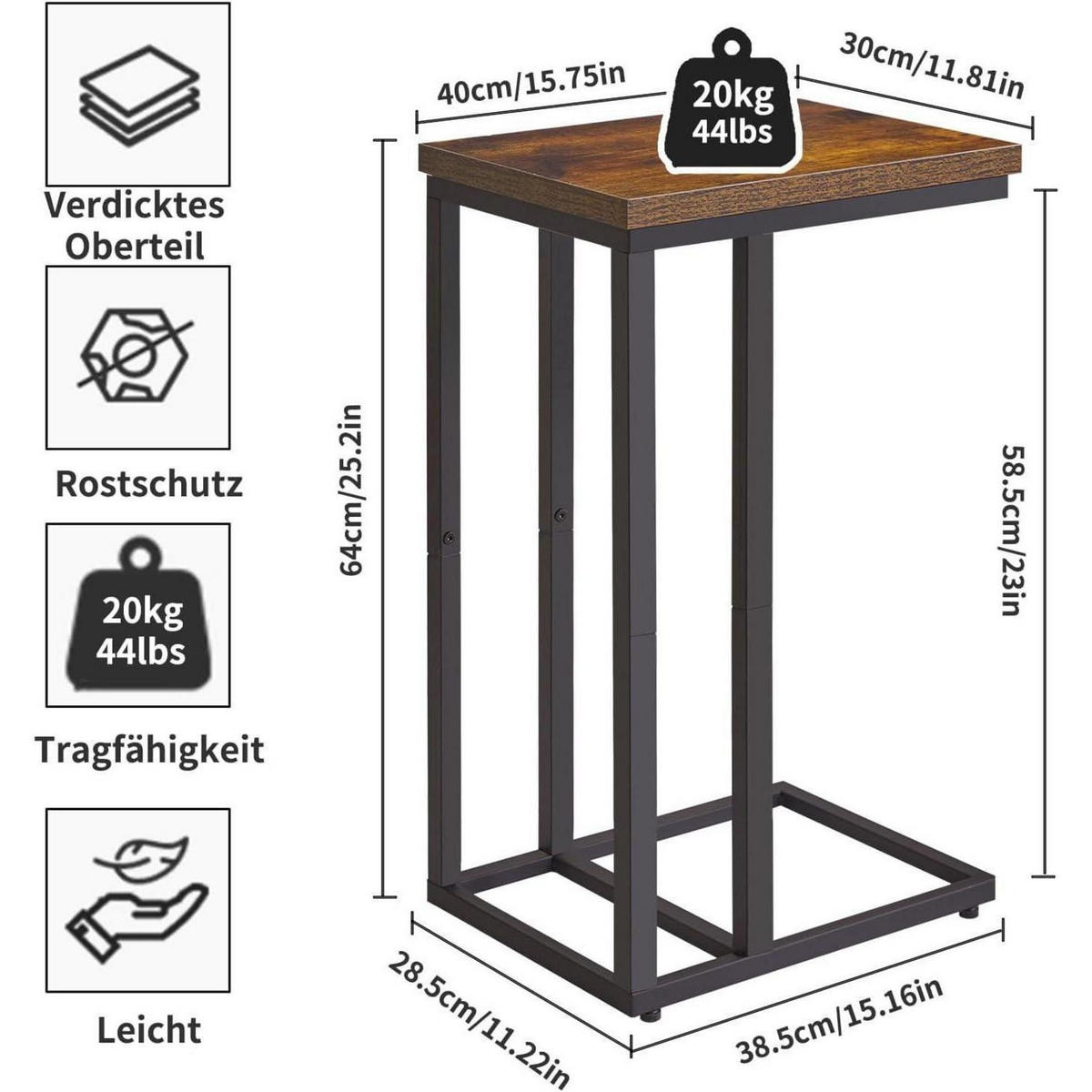 BEISTELLTISCH C-Form Rustikal Braun/Schwarz - Multicolor, Metall (40/30/63cm)