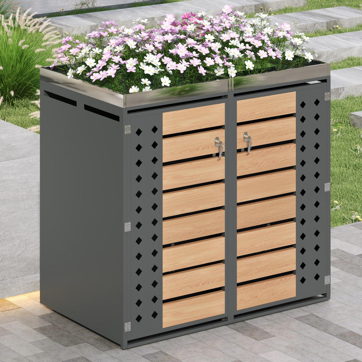 MÜLLTONNENBOX aus verzinktem Stahlblech in Grau/Holzoptik mit Pflanzgefäß 132x80x124,5 cm - Grau, Metall (132/124.5/80cm) - Modfu