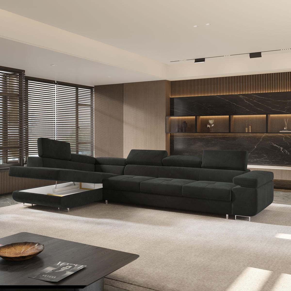 ECKSOFA VICENTE Schwarz Velours-Stoff mit Schlaffunktion - Schwarz, Holz (346/202cm) - MASSENO