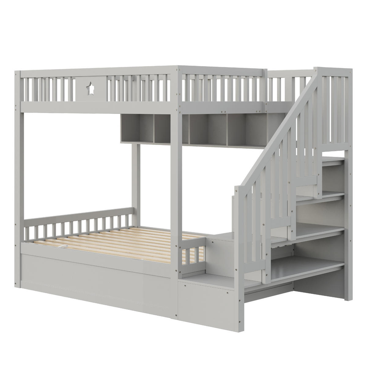 ETAGENBETT 140/200 cm in Grau mit Stauraumtreppe, Regal und Bettkasten - Grau, Holz/Holzwerkstoff (140/200cm) - WISHDOR