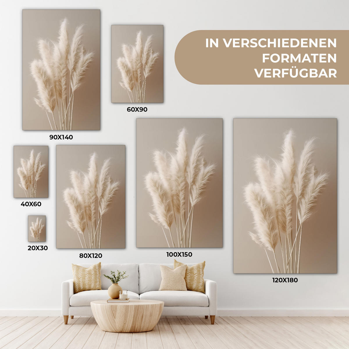 LEINWANDBILD Pampasgras - Federn - Pastell - Weiß 60x90 cm - Naturfarben, Textil (60/90cm) - MuchoWow