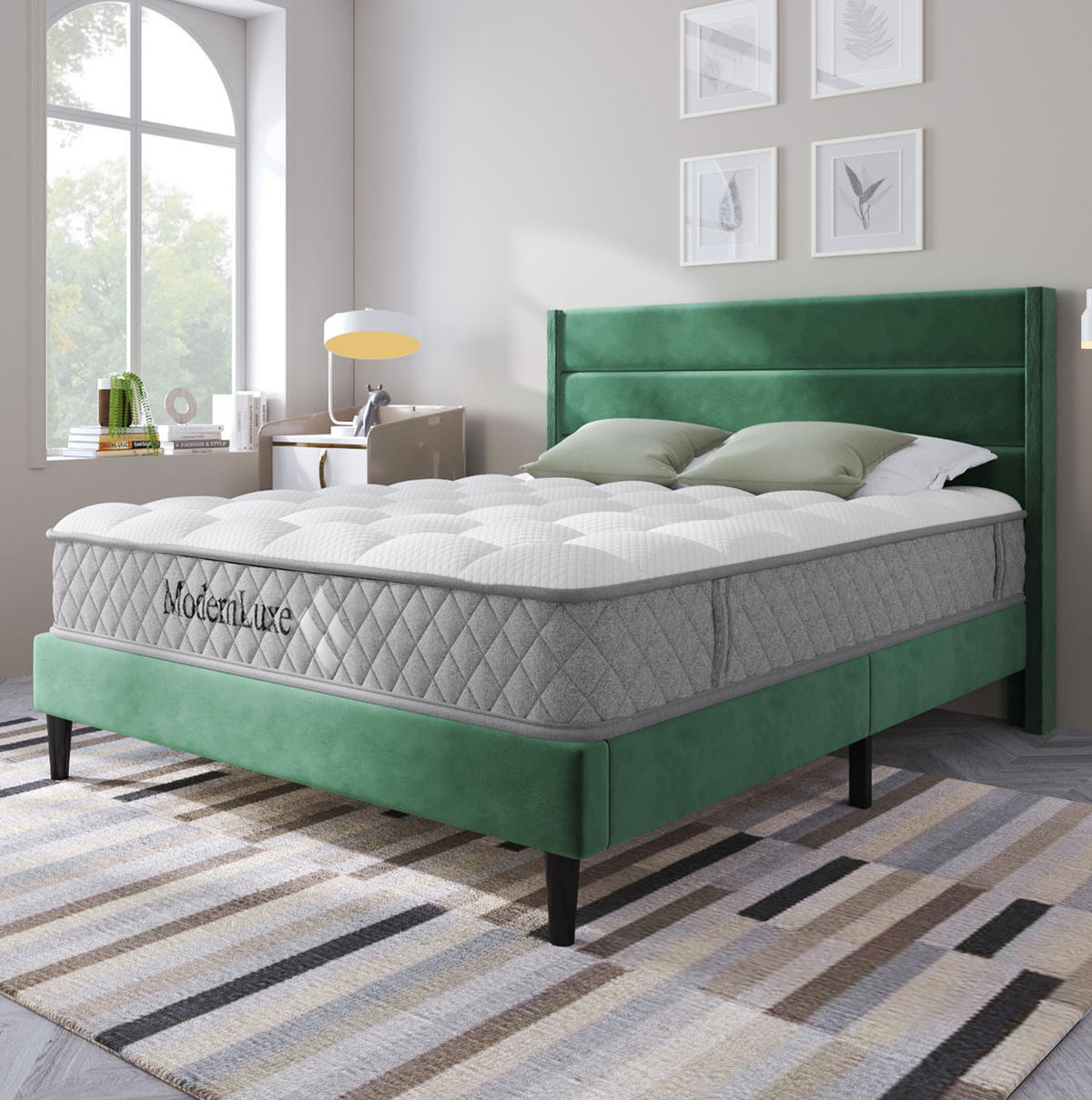 ČALOUNĚNÁ postel ze sametu 140x200 cm tmavě zelená s matrací, lamelovým roštem a ergonomickou 7zónovou oporou - tmavě zelená, textil (140/200cm) - Modfu