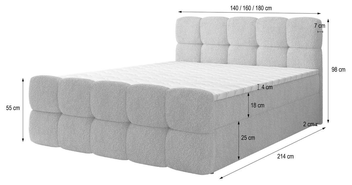 BOXBETT BRUME 140x200 cm mit Matratze und Topper, H2+H3 - Hellgrau - Hellgrau, Holz (140/200cm) - MASSENO
