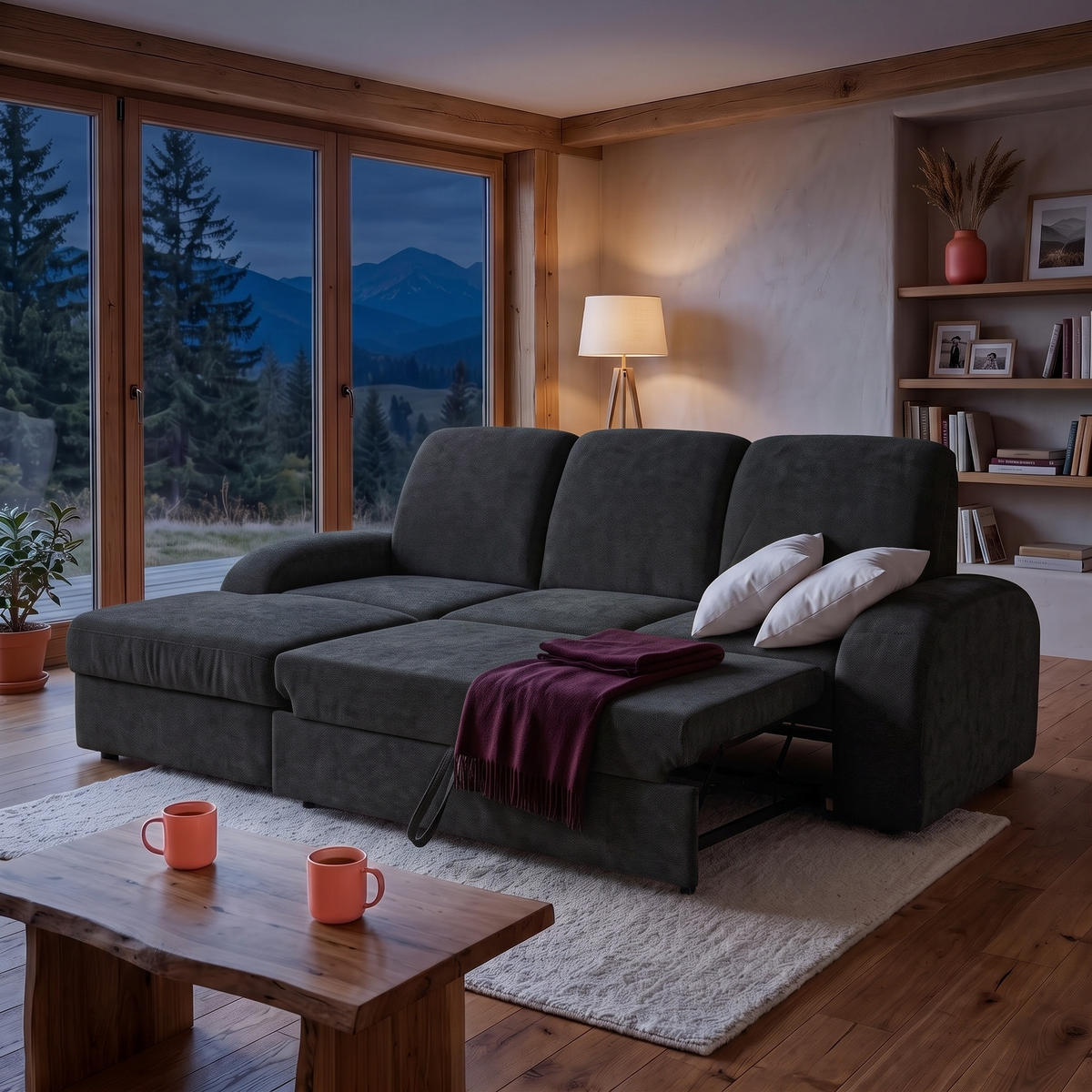 ECKSOFA VIBE S Links mit Schlaffunktion 130x202 Chenille Anthrazit - Anthrazit/Schwarz, Holz/Kunststoff (250/160cm) - Muffo
