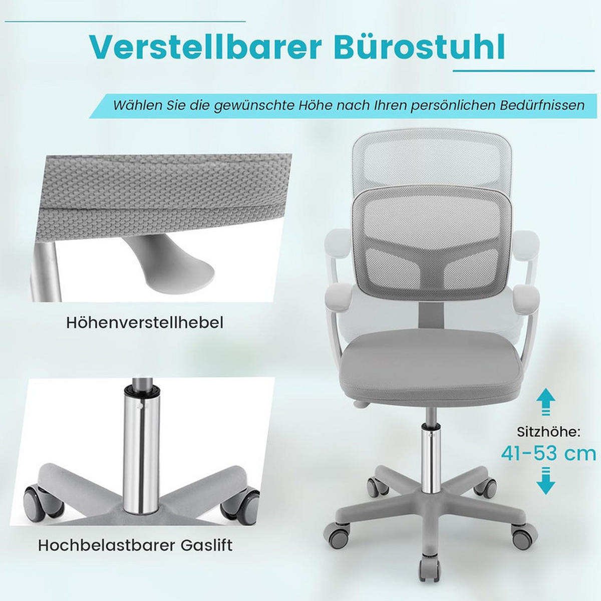 KINDER‑BÜROSTUHL 360°drehbar grau - Grau, Kunststoff (54/80/54cm) - COSTWAY