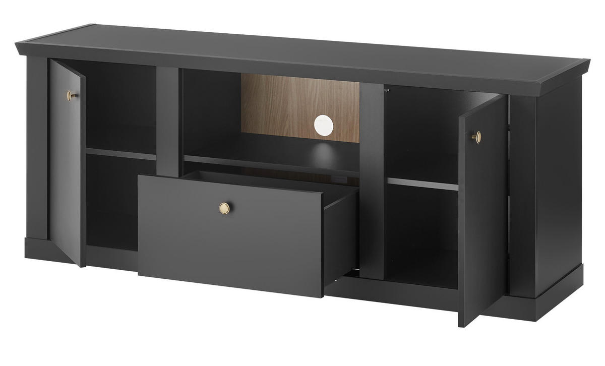 TV-LOWBOARD schwarz matt, Eiche Landhaus 158 cm, TV Unterteil mit Soft-Close - Eichefarben/Messingfarben, Holzwerkstoff/Metall (158/62/42cm) - Furn.Design