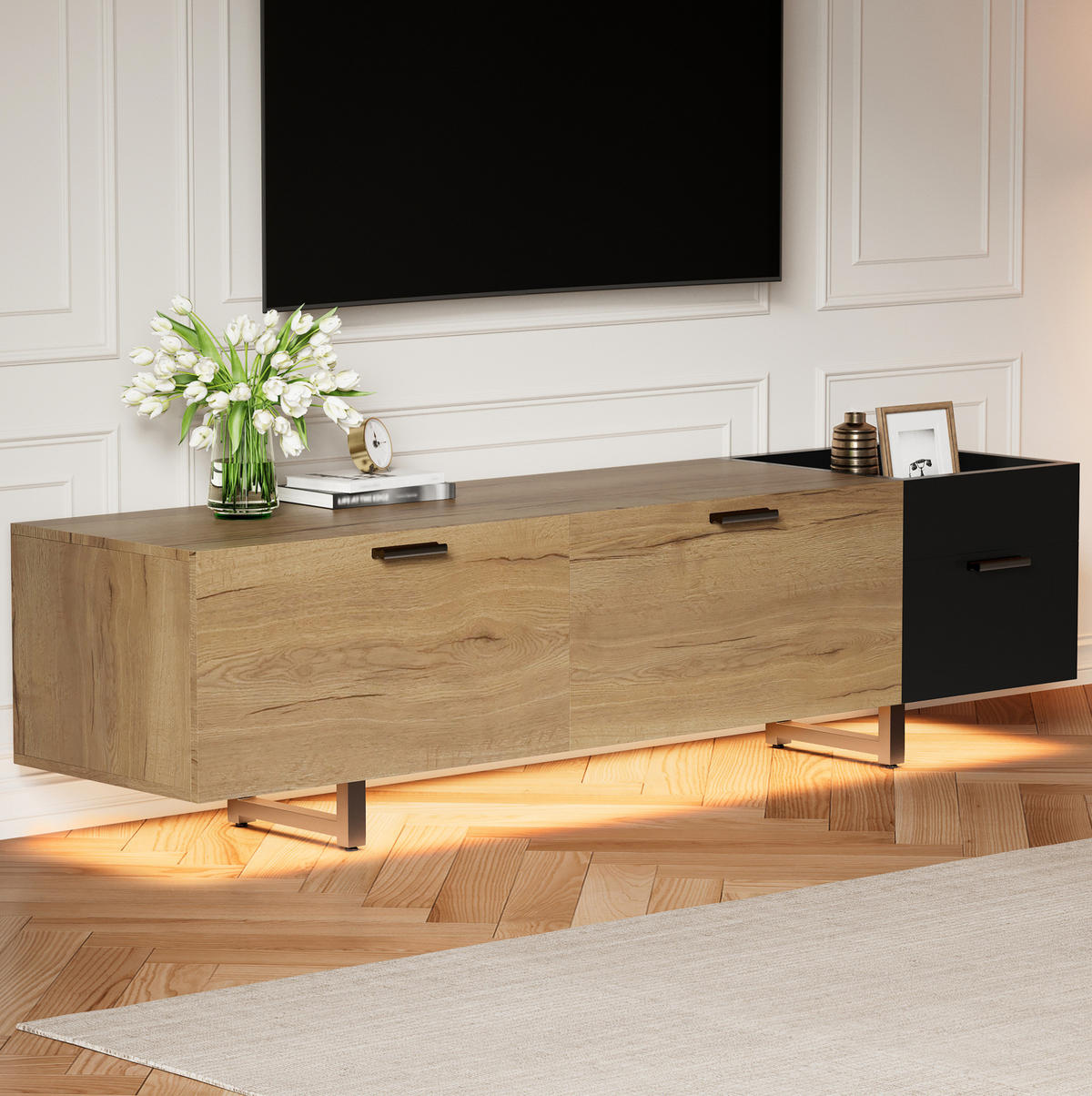 TV stolek 180/38/49 cm s LED osvětlením, závěsným designem a úložným prostorem, Černá - černá, kompozitní dřevo (180/49/38cm) - Redom