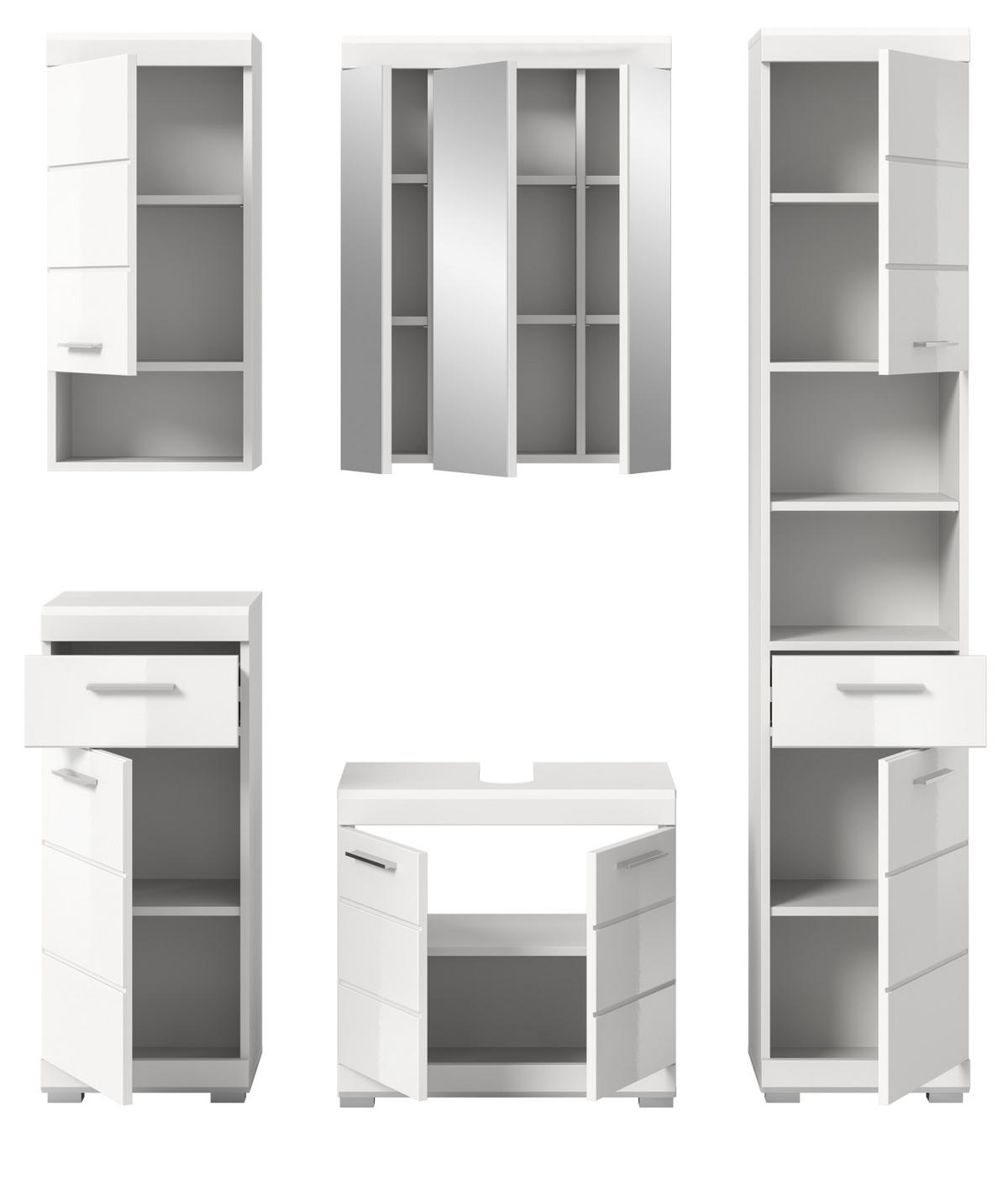 BADMÖBEL-SET weiß Hochglanz 5-teilig 164 cm, Komplettset mit viel Stauraum - Weiß Hochglanz, Glas/Holzwerkstoff (164/191/34cm) - Inn.Furn