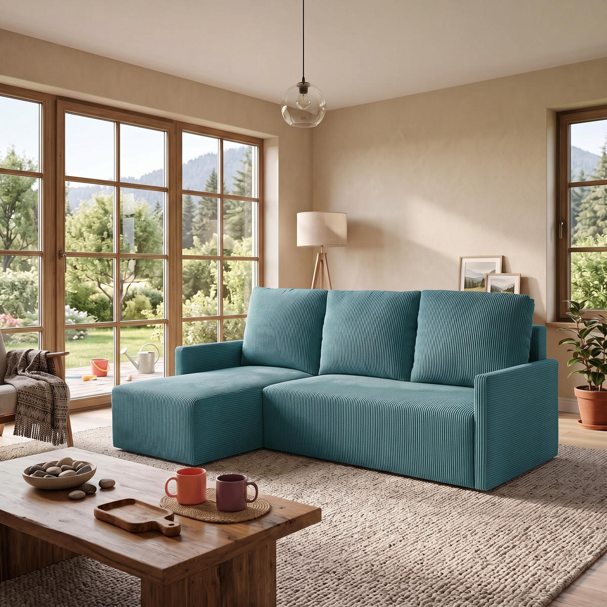 ECKSOFA GARDA L universell links/rechts montierbar mit Schlaffunktion 132x198 cm Cord Blau - Blau/Schwarz, Holz/Kunststoff (209/145cm) - NACANAPA