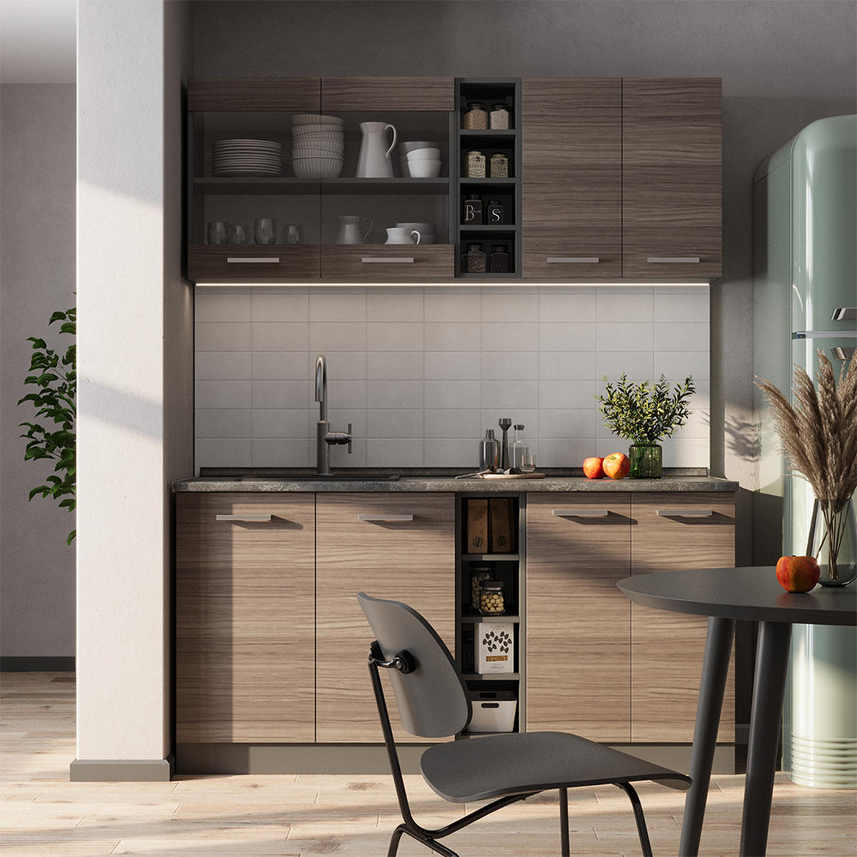 SINGLEKÜCHE R-Line Edelgrau/Anthrazit 160 cm ohne Arbeitsplatte - Anthrazit/Braun, Holzwerkstoff (160/81.6/46cm) - Vicco