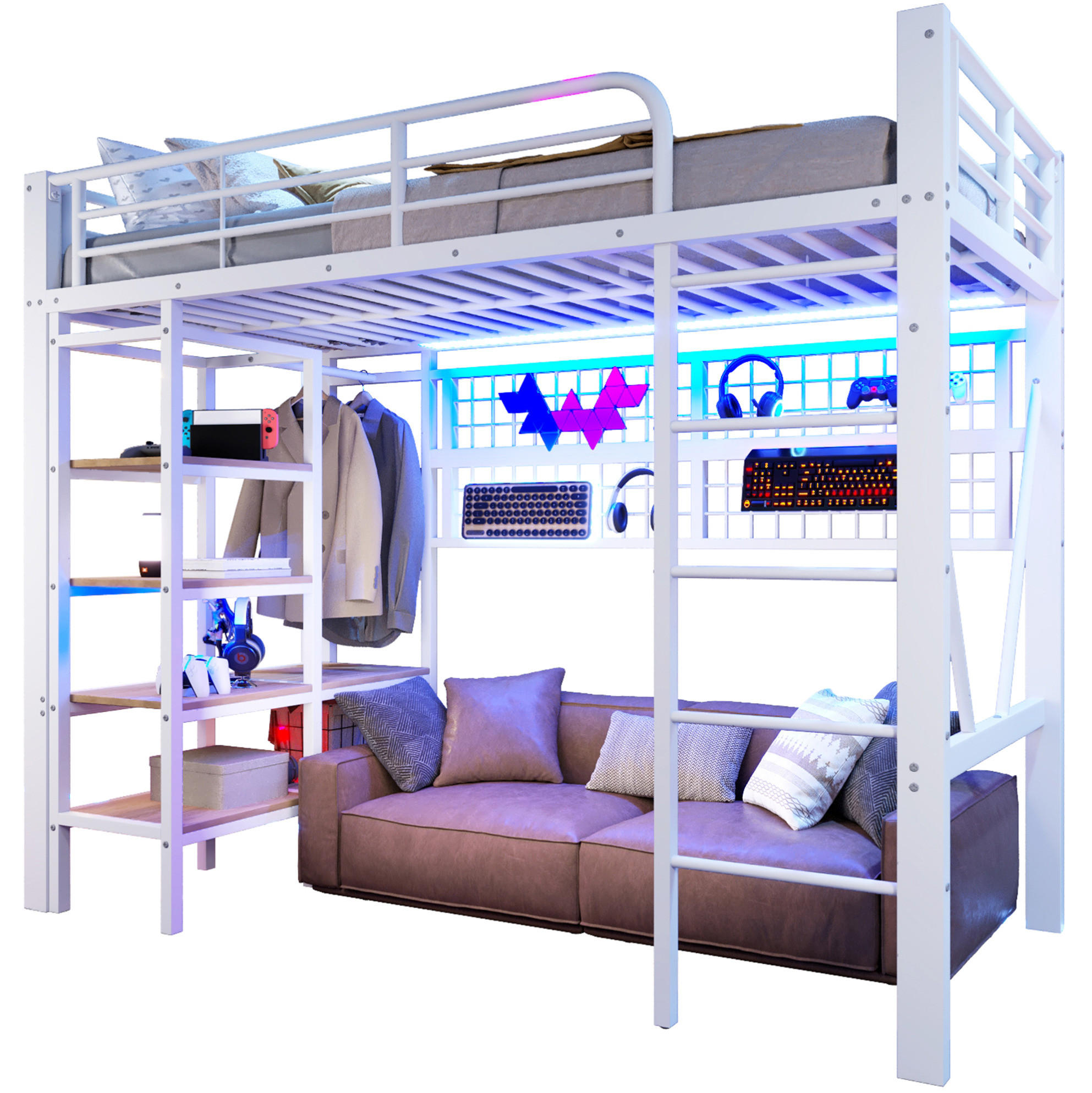 HOCHBETT 90/200 cm Weiß mit Schreibtisch, Stauraumleiter und LED-Beleuchtung - Weiß, Metall (90/200cm) - Flora Grace
